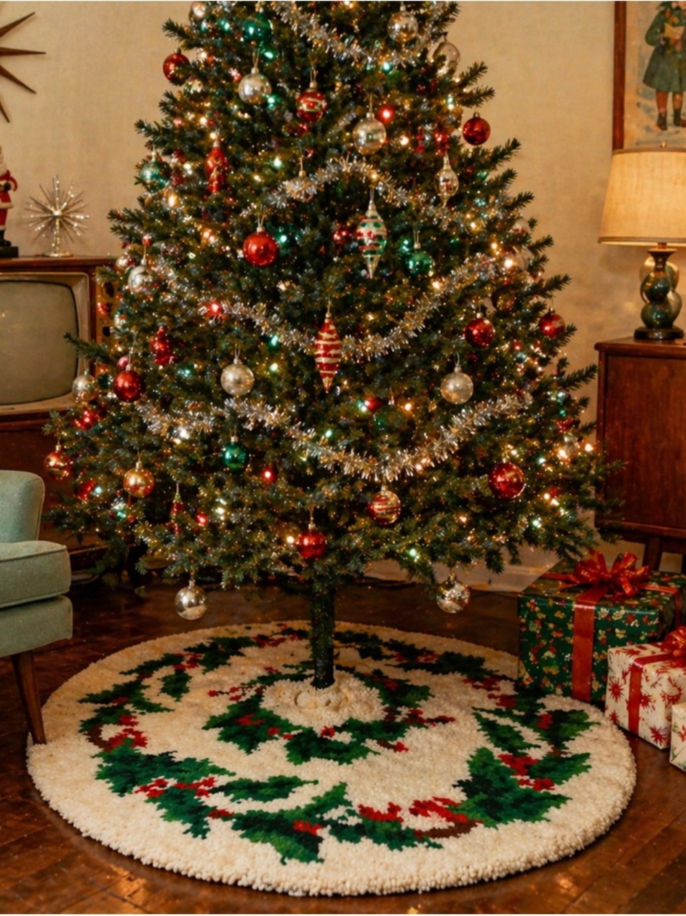Vintage Christmas Tree Skirt Hooked Rug Holiday Holly Berry 35”